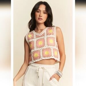 Crochet Granny Squares Cotton Sweater Vest Top Pink And Earth Tones